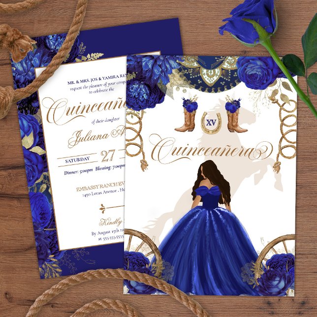 Invitation Royal Blue Gold Western Charro Quinceanera 2 faces (Créateur téléchargé)