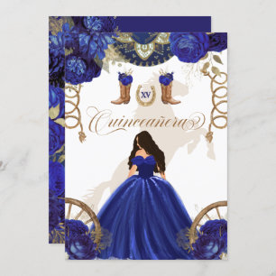Invitation Royal Blue Gold Western Charro Quinceanera 2 faces