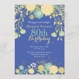 Invitation Royal Blue Green Jaune Floral 80e anniversaire