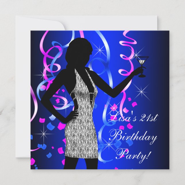 Invitation Royal Blue Hot Pink 21e fête d'anniversaire (Devant)