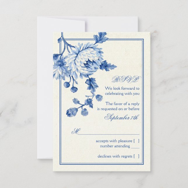 Invitation Royal Blue Ivory Toile Floral Wedding RSVP Réponse (Devant)