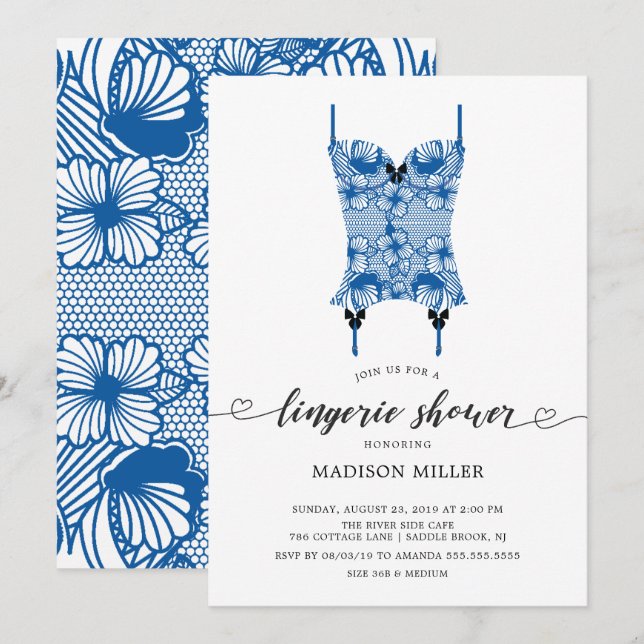 Invitation Royal Blue Lace Corset Bridal Lingerie Douche (Devant / Derrière)