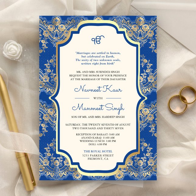 Invitation Royal Blue Lace QR Code Anand Karaj Sikh Mariage (Créateur téléchargé)