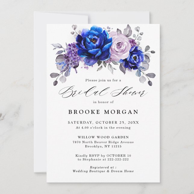 Invitation Royal Blue Lilac Purple Floral Fête des mariées (Devant)