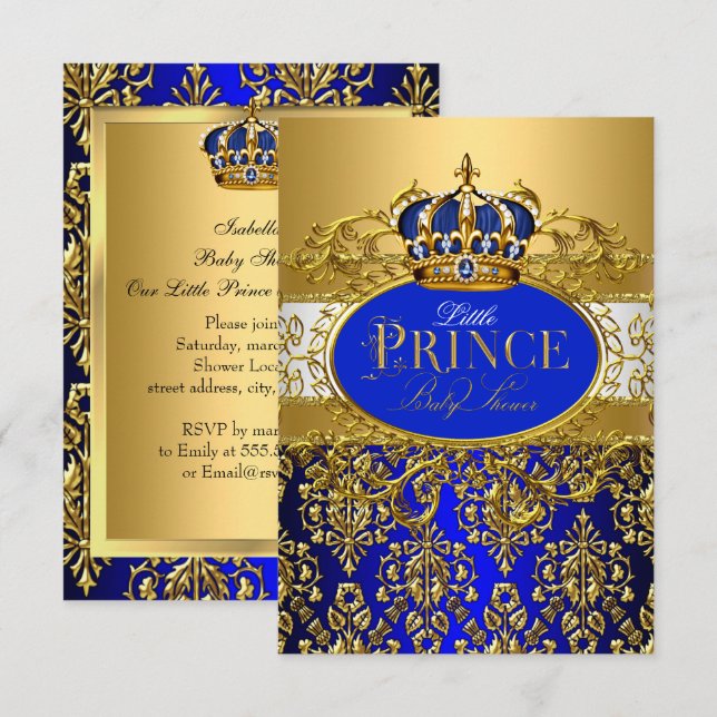Invitation Royal Blue Little Prince Baby shower de la Couronn (Devant / Derrière)