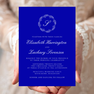 Invitation Royal Blue Monogram Wreath White Script Mariage