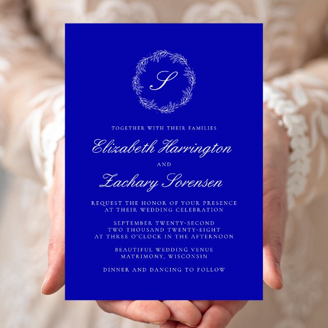 Invitation Royal Blue Monogram Wreath White Script Mariage (Créateur téléchargé)