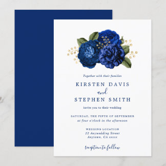 Invitation Royal Blue Navy Gold Floral Mariage de automne d'h