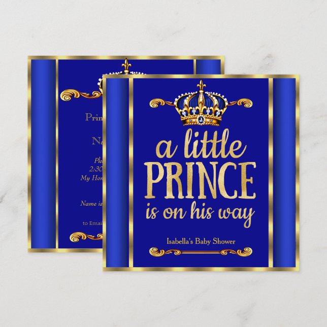 Invitation Royal Blue Navy Gold Prince sur son chemin Baby sh (Devant / Derrière)