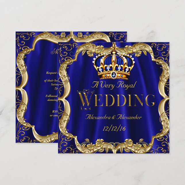 Invitation Royal Blue Navy Mariage Gold Crown (Devant / Derrière)