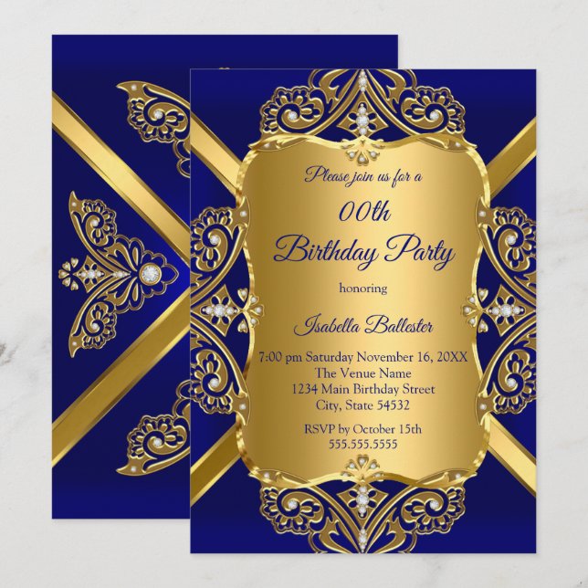 Invitation Royal Blue N'importe quel âge Anniversaire Partie  (Devant / Derrière)
