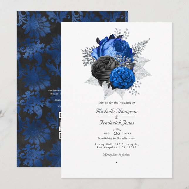 Invitation Royal Blue, noir et argent Floral QR Code Mariage (Devant / Derrière)