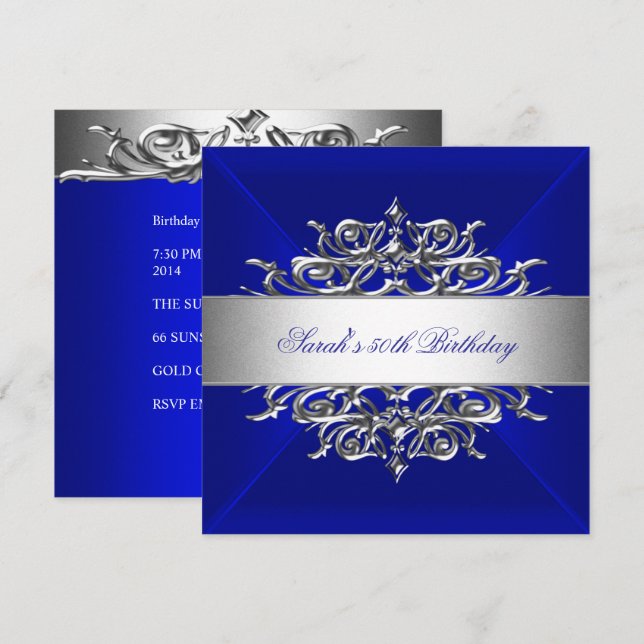 Invitation Royal Blue On Silver 50th Birthday Party (Devant / Derrière)