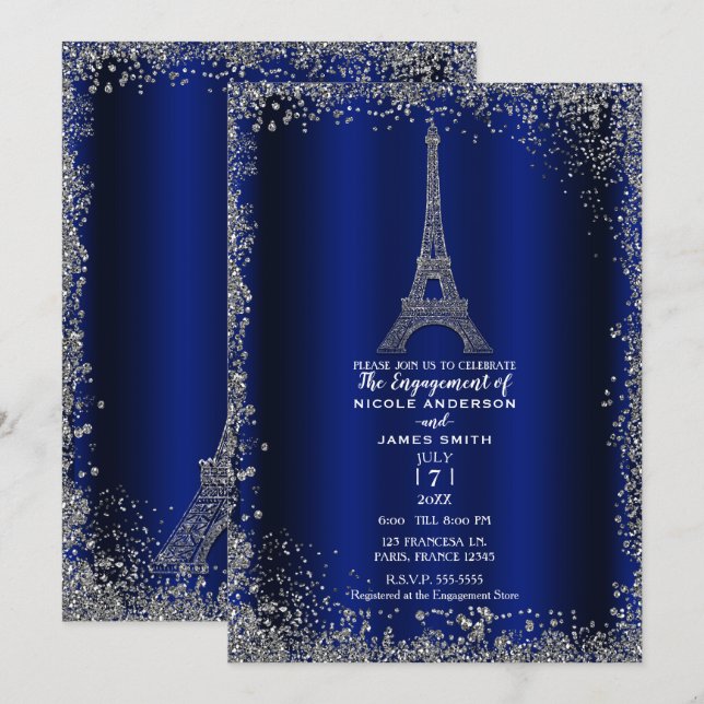 Invitation Royal Blue Parties scintillant Argent Tour Eiffel  (Devant / Derrière)