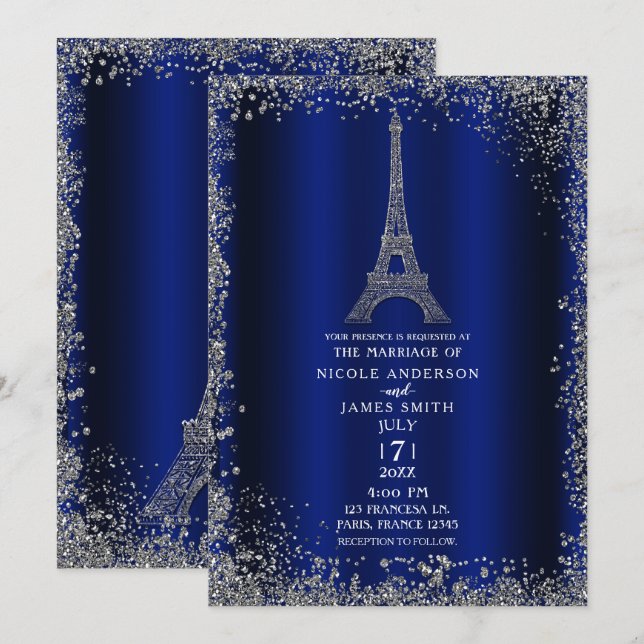 Invitation Royal Blue Parties scintillant Argent Tour Eiffel  (Devant / Derrière)