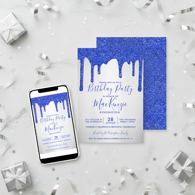 Invitation Royal Blue Parties scintillant Drives Argent Metal (Royal Blue Glitter Drips Silver Metallic Birthday Invitations)