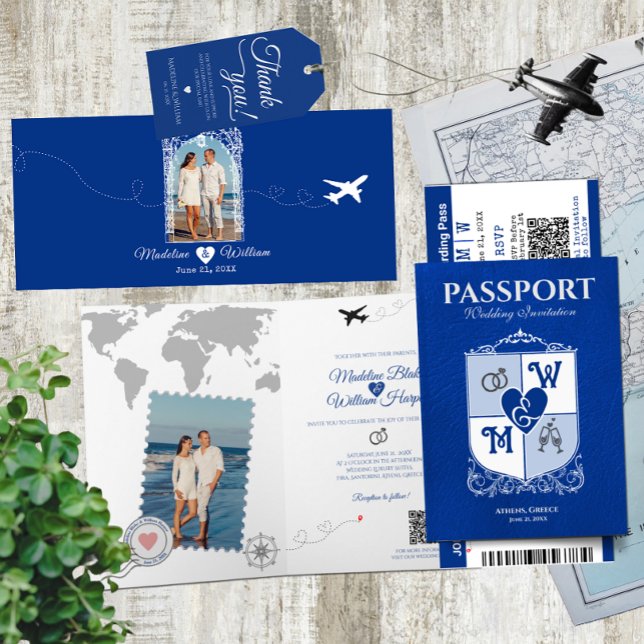 Invitation Royal Blue Passport Style Destination Mariage (Créateur téléchargé)