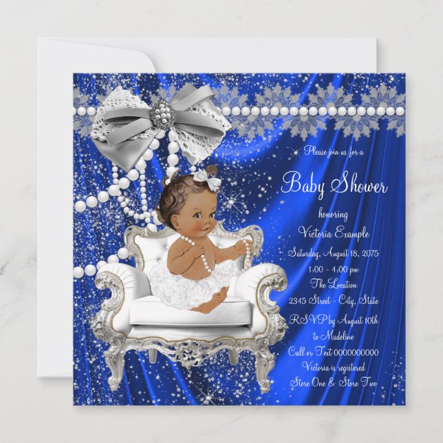Invitation Royal Blue Pearl Chaire Ethnic Girl Baby shower (Devant)