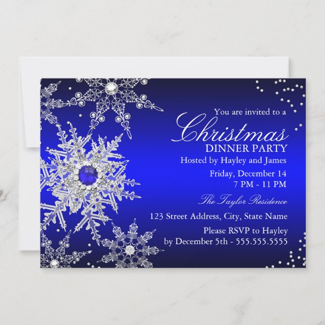 Invitation Royal Blue Pearl Flocon de neige Dîner de Noël (Devant)