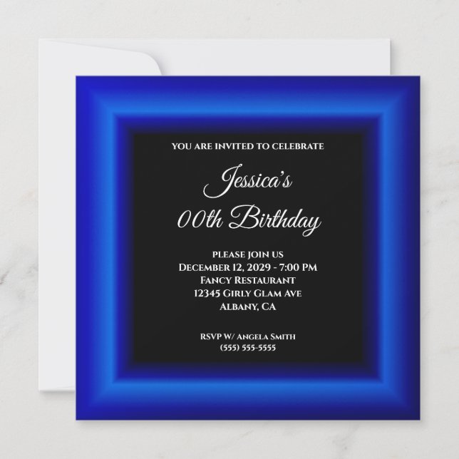 Invitation Royal Blue Photo Bordure Noir Chaque année Anniver (Devant)
