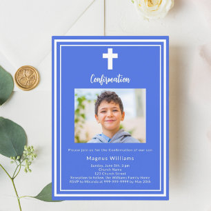 Invitation Royal blue photo boy Confirmation