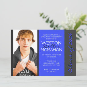 Invitation Royal Blue & Pinstripe Grey Photo Graduation