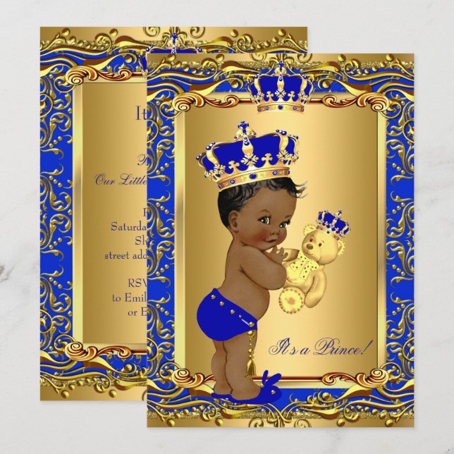 Invitation Royal Blue Prince Baby shower de la Couronne Ours  (Devant / Derrière)