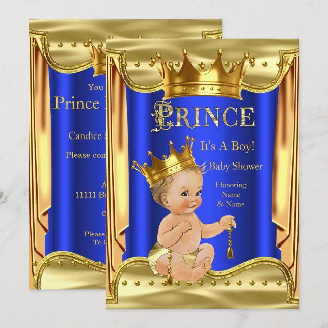 Invitation Royal Blue Prince Baby shower Gold Blonde Boy (Devant / Derrière)