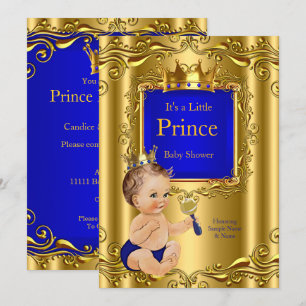 Invitation Royal Blue Prince Baby shower Gold Couronne Brunet