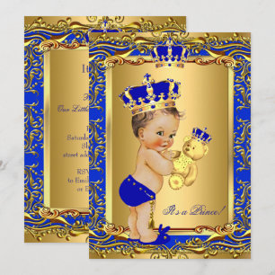 Invitation Royal Blue Prince Crown Baby shower Ours Brunette