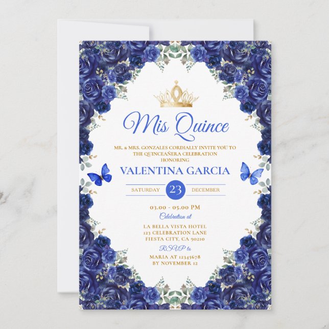 Invitation Royal Blue Quinceañera 15 Anos Flowers Gold Crown (Devant)