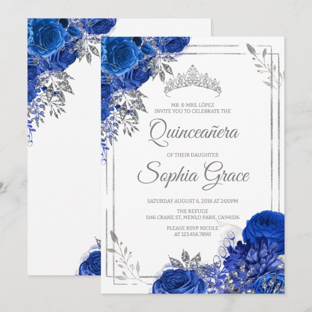 Invitation Royal Blue Quinceañera Papillons Mis Quince (Devant / Derrière)