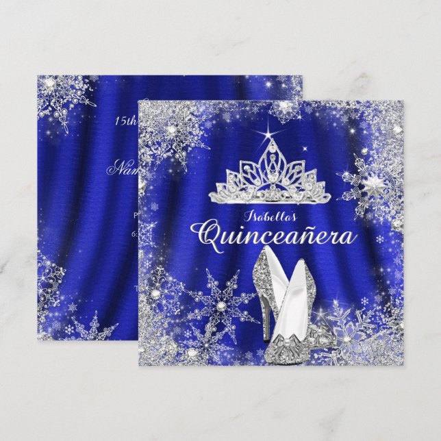 Invitation Royal Blue Quinceanera Silver Tiara 15e anniversai (Devant / Derrière)