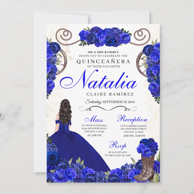 Invitation Royal Blue Ranchero Princess Quinceanera (Devant)