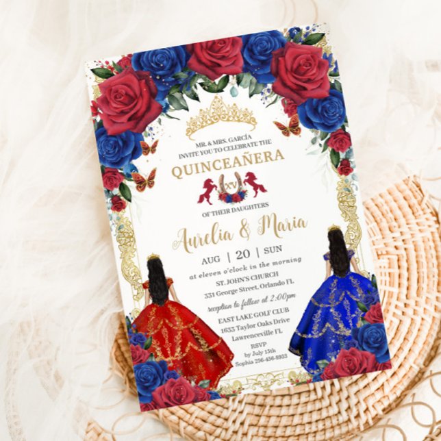 Invitation Royal Blue Red Floral Girls Twins Quinceañera 15 (Créateur téléchargé)