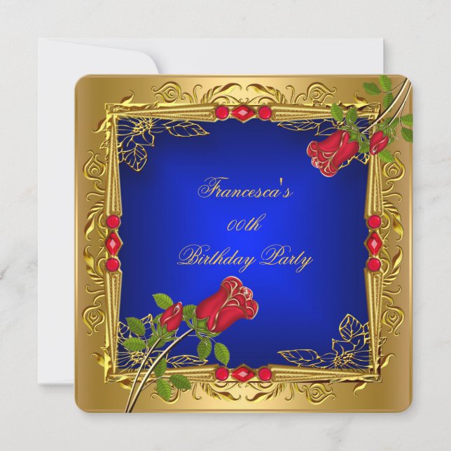 Invitation Royal Blue Red Roses Gold Élégante fête d'annivers (Devant)