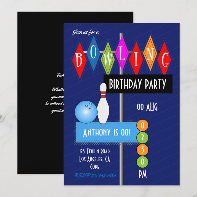 Invitation Royal Blue Retro Bowling fête d'anniversaire (Devant / Derrière)