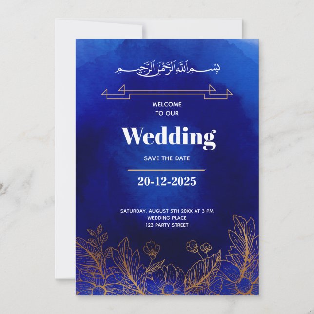 Invitation Royal Blue Rose Gold Lace QR Code Musulman Mariage (Devant)