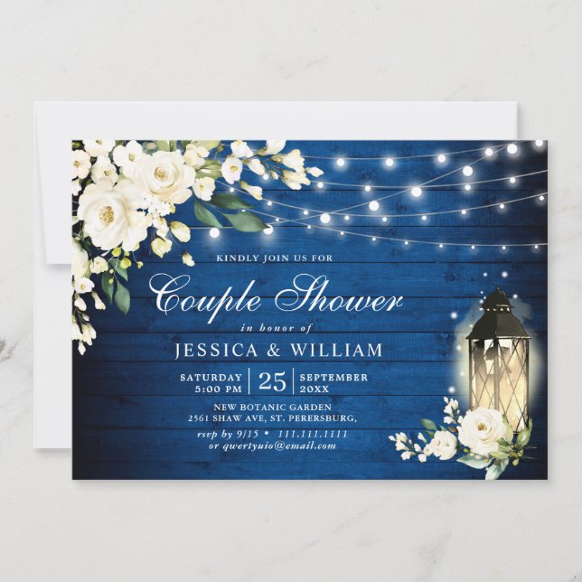 Invitation Royal Blue Rose Lanterne Rustique Couple Douche (Devant)