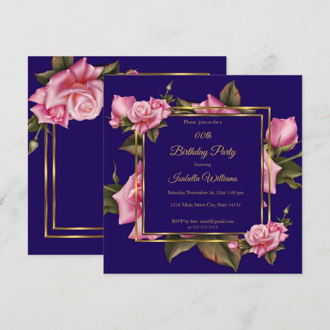 Invitation Royal Blue rose Rose floral or fête d'anniversaire (Devant / Derrière)