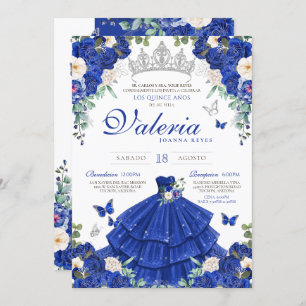 Invitation Royal Blue Rose Silver Princesse Quinceanera