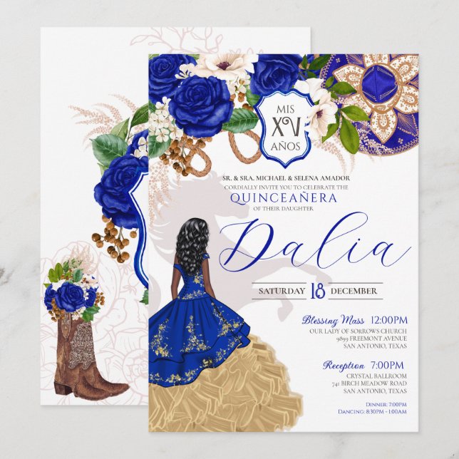 Invitation Royal Blue Rose Western Charro Crest Quinceanera I (Devant / Derrière)