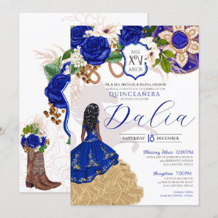 Invitation Royal Blue Rose Western Charro Crest Quinceanera I