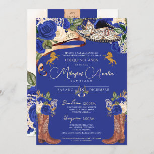 Invitation Royal Blue Roses Fancy Mariachi Charro Quinceanera
