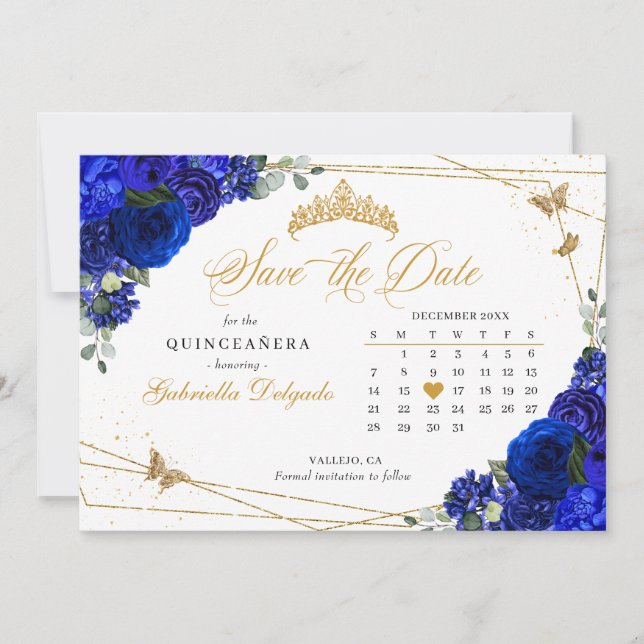 Invitation Royal Blue Roses & Gold Quinceañera Enregistrer la (Devant)