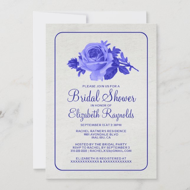Invitation Royal Blue Rustic Floral Douche nuptiale Invitatio (Devant)