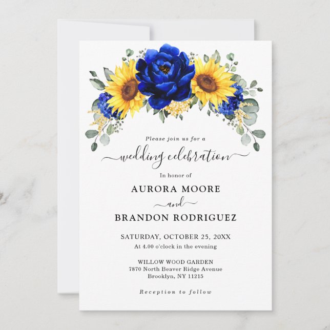 Invitation Royal Blue Rustic Tournesol Moderne Floral Mariage (Devant)