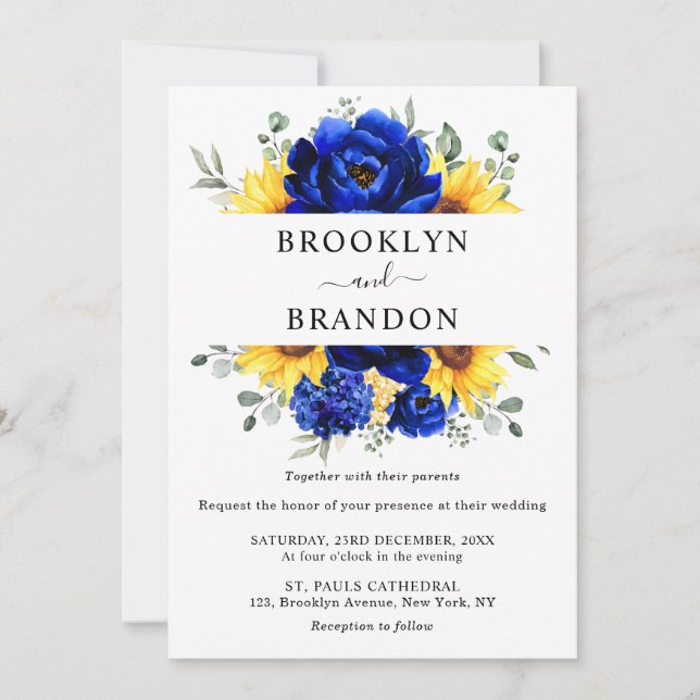 Invitation Royal Blue Rustic Tournesol Moderne Floral Mariage (Devant)