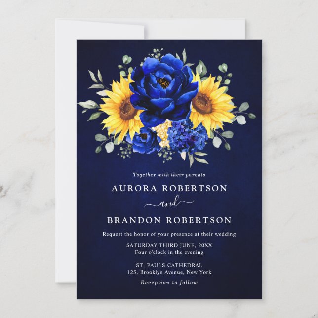 Invitation Royal Blue Rustic Tournesol Moderne Floral Mariage (Devant)