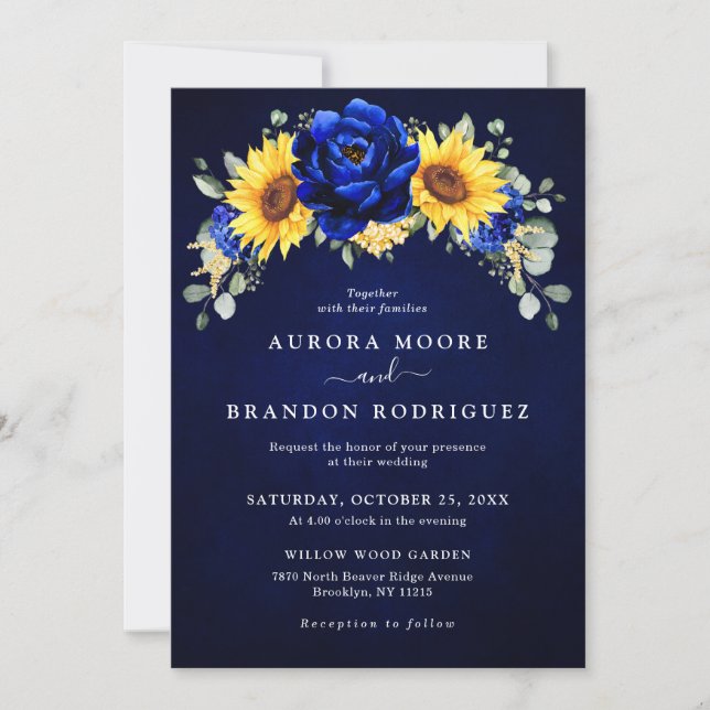 Invitation Royal Blue Rustic Tournesol Moderne Floral Mariage (Devant)
